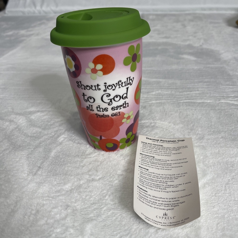 Cypress Home Scripture Flower Porcelain Tea Coffee Mug Cup Rubber Lid Holds 10oz